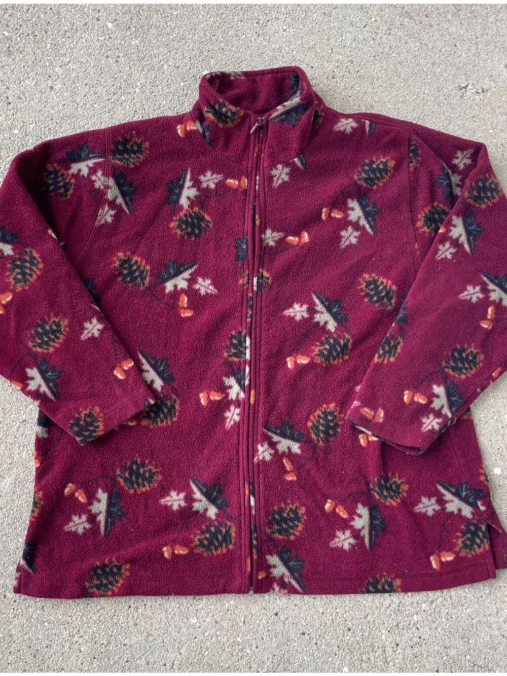 Vintage 90s Fleece Cardigan Full Zip Autumn Leaves Burgundy 2X Grandma Cottage